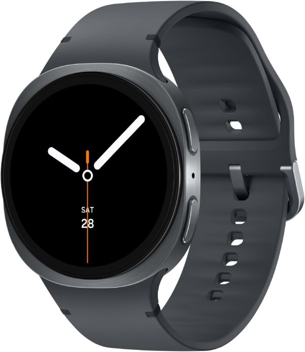 Смарт часовник Samsung Galaxy Watch Ultra в цвят Graphite с титаниев корпус, оранжева спортна каишка и включен дисплей, показващ фитнес показатели на тъмен фон.